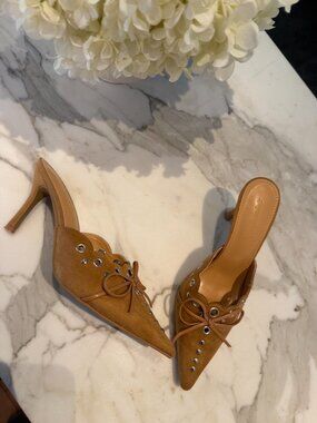 Brown Suede Pointed Toe Mules with Leather Bow Details - 8cm Heel